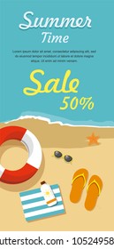 Web Sale banner. Flip- flops in the sand with towel, sun glasses and others