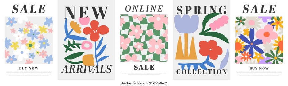 Web sale floral template illustration set. Flower art business print collection of spring discount design. Vintage online promotion ad, trendy fashion store offer banner bundle.