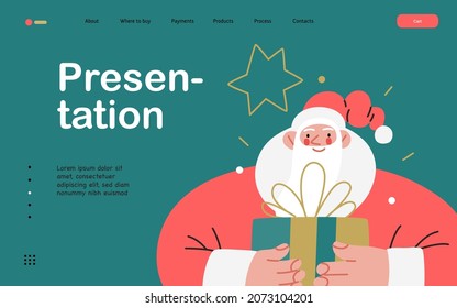 Web Santa - a corporative website page template. Modern flat vector concept illustration of cheerful Santa Claus. Corporate Memphis outlined style, winter holidays. Presentation page.