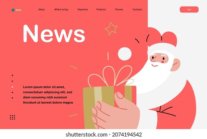 Web Santa - a corporative website page template. Modern flat vector concept illustration of cheerful Santa Claus. Corporate Memphis outlined style, winter holidays. News page.