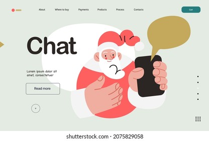 Web Santa - a corporative website page template. Modern flat vector concept illustration of cheerful Santa Claus. Corporate Memphis outlined style, winter holidays. Chat page.
