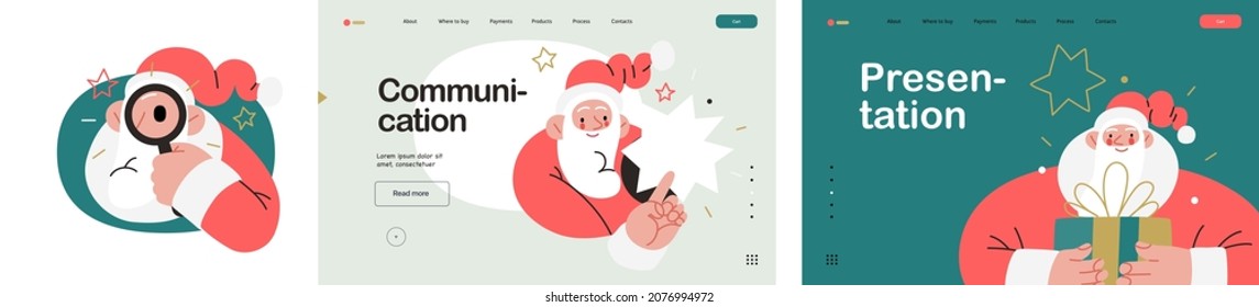 Web Santa - a corporative website page template and icons set. Modern flat vector concept illustration of cheerful Santa Claus. Corporate Memphis outlined style, winter holidays.