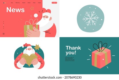 Web Santa - a corporative website page template and icons set. Modern flat vector concept illustration of cheerful Santa Claus. Corporate Memphis outlined style, winter holidays.