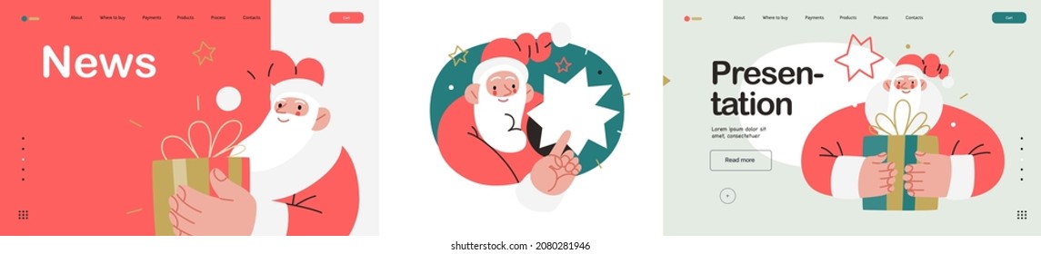 Web Santa - a corporative website page template and icons set. Modern flat vector concept illustration of cheerful Santa Claus. Corporate Memphis outlined style, winter holidays.