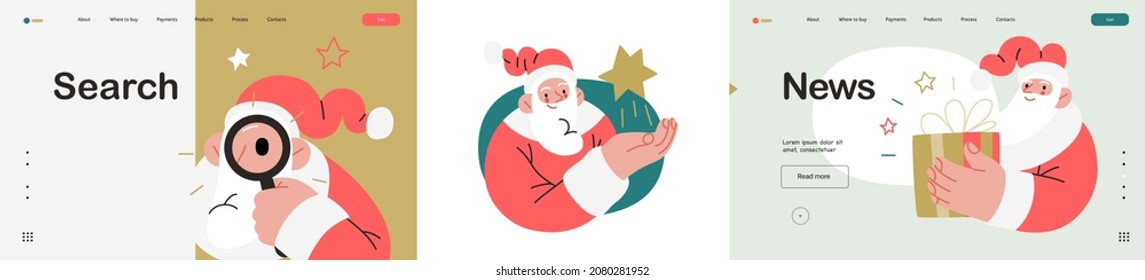Web Santa - ein Corporate Website-Vorlage und Symbole gesetzt. Moderne, flache Vektorgrafik des fröhlichen Weihnachtsmannes. Corporate Memphis umrissen Stil, Winterferien.
