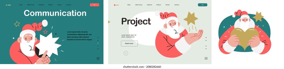 Web Santa - a corporative website page template and icons set. Modern flat vector concept illustration of cheerful Santa Claus. Corporate Memphis outlined style, winter holidays.