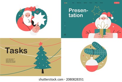 Web Santa - plantilla de página web corporativa y conjunto de iconos. Moderna ilustración de concepto de vector plano de alegre Santa Claus. Memphis corporativos delineados estilo, vacaciones de invierno.
