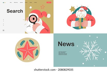 Web Santa - a corporative website page template and icons set. Modern flat vector concept illustration of cheerful Santa Claus. Corporate Memphis outlined style, winter holidays.