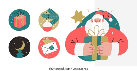 Web Santa - icons set for corporative website. Modern flat vector concept illustration of cheerful Santa Claus holding a gift. Corporate Memphis outlined style, winter holidays.