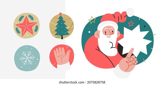Web Santa - icons set for corporative website. Modern flat vector concept illustration of cheerful Santa Claus pointing at important information. Corporate Memphis outlined style, winter holidays.