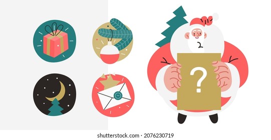 Web Santa - icons set for corporative website. Modern flat vector concept illustration of cheerful Santa Claus holding an information board. Corporate Memphis outlined style, winter holidays.