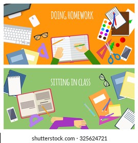 Web school flat banner doing homework and sitting in class.
