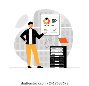 Web-Scraping-Konzept. Technologie für das Sammeln von Daten von Webseiten. Auszug von Inhalten und Daten von Websites in verschiedenen Formaten.Illustration mit Menschen-Szene in flachem Design für Website und mobile