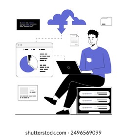 Web scraping concept. Technology for collecting data from web pages. Extracting content and data from websites in different formats. Vector illustration with line people for web design.	
