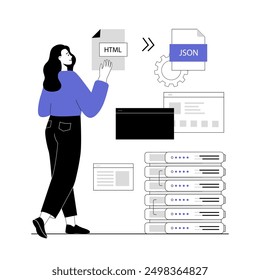 Concepto de raspado de Web. Tecnología para recopilar datos de páginas de Web. Extracción de contenido y datos de Sitios web en diferentes formatos. Ilustración vectorial con personas de línea para el Diseño web.	
