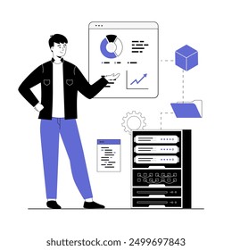 Web scraping concept. Technology for collecting data from web pages. Extracting content and data from websites in different formats. Vector illustration with line people for web design.	