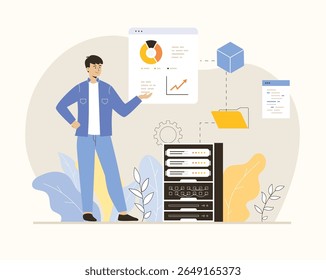 Web scraping concept. Technology for collecting data from web pages. Extracting content and data from websites in different formats. Flat vector illustration.	
