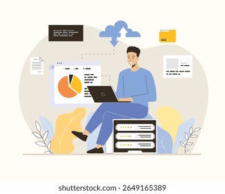 Web scraping concept. Technology for collecting data from web pages. Extracting content and data from websites in different formats. Flat vector illustration.	
