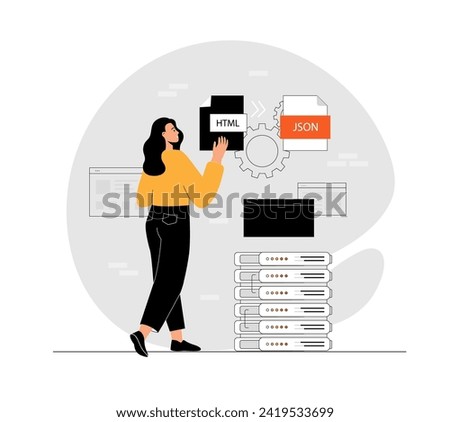 Web scraping concept. Technology for collecting data from web pages. Extracting content and data from websites in different formats.Illustration with people scene in flat design for website and mobile