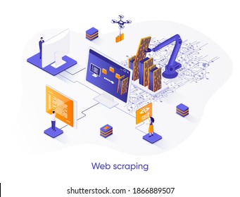 Web scraping isometric web banner. Data extraction software isometry concept. Process of automatic collecting and parsing raw data from web 3d scene design. Vector illustration with people characters.