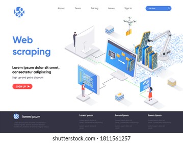 Página de inicio isométrica de raspado web. Proceso de recolección y análisis automáticos de datos sin formato a partir del concepto de isometría web. Diseño plano de software de extracción de datos. Ilustración vectorial con caracteres de personas.