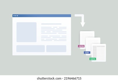 Web scraping - process of automatically searching, parsed, mining and reformatted data from website. Web data extraction software illustration concept. Information harvesting from world wide web