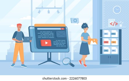 Web scraping. Technology for collecting data from web pages. Extracting content and data from websites in different formats. Flat cartoon vector illustration with people characters for banner website