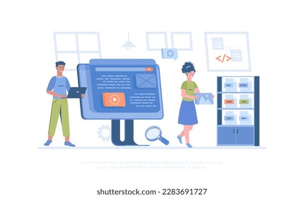 Web scraping. Technology for collecting data from web pages. Extracting content and data from websites in different formats. Cartoon modern flat vector illustration for banner, website design, landing