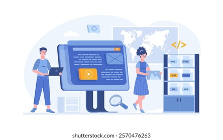 Web scraping. Technology for collecting data from web pages. Extracting content and data from websites in different formats. Vector illustration with characters in flat design for web banner.