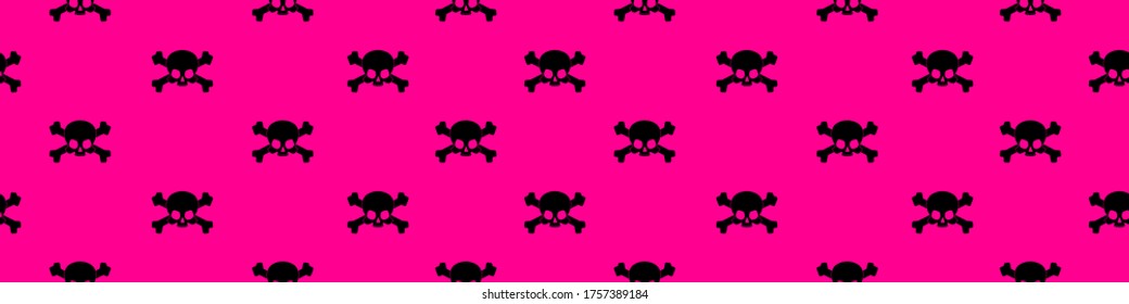Web seamless banner with skull and crossbones silhouettes on pink background. Vector illustration.