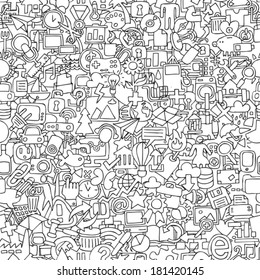 Web seamless pattern in black and white (repeated) with mini doodle drawings (icons). Illustration is in eps8 vector mode.