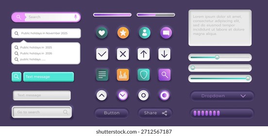 Barra de pesquisa na Web. Caixas 3D brilhantes. Botão para design da interface do navegador. Navegação na Internet. IU com ícones ou quadro de mensagem. Indicador de menu. Campo de localização do site. Conjunto de elementos neumórficos de aplicativo móvel vetorial