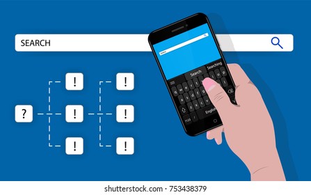 Web search by smartphone concept. Browser background. Smartphone in hand. Vector