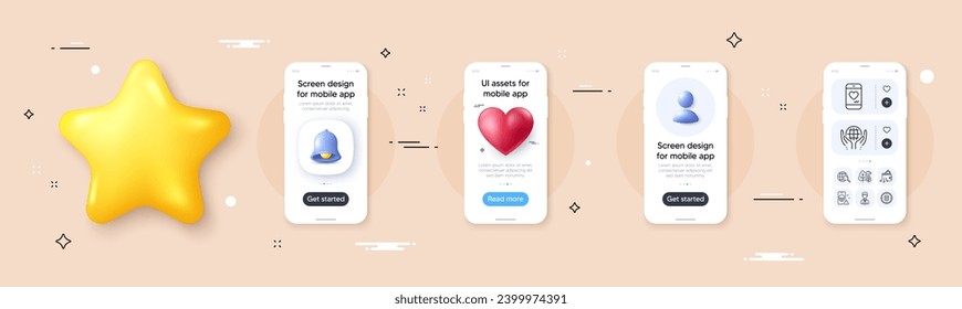 Web search, Calculator target and Tree line icons pack. Phone screen mockup with 3d bell, star and placeholder. Love chat, Businessman, Digital wallet web icon. Vector