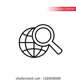 Web search concept icon. Globe and magnifying glass web icon. No fill, black stroke, fully editable.