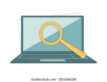 Web search concept. Laptop with a magnifying glass on the screen, with a magnifier. Vector illustration on a white background.