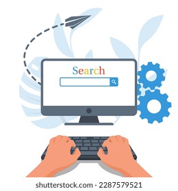 Web search concept. The man at the laptop sits on the Internet. Hands on the keyboard in front of the screen. Vector illustration flat design. Isolated on background. Searching concept. 