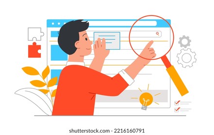 Web search concept. Man with magnifying glass evaluates website page. Information and knowledge on Internet. Modern technologies and digital world. Poster or banner. Cartoon flat vector illustration