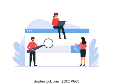 Web search concept. Tiny characters using laptop for searching info in web browser. Search Bar. Vector illustration.