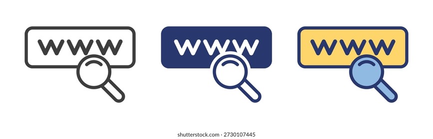 Iconos de búsqueda de Web y Nombres de dominio con texto "www" con lupa, conjunto de símbolos de búsqueda de navegador de Internet y URL en contorno, estilos de color azul oscuro sólido y amarillo