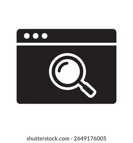 Web search engine icon with magnifying glass for internet browsing online research information discovery and website data analysis using a browser vector solid glyph icon