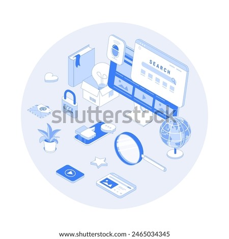 Web search engine. Search page on the monitor screen, voice searching, result elements. Vector outline illustration with isometry scene for web graphic	
