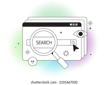 Web search engine page or web window isolated on white background. Browser with internet search bar field and results button. Finding information online or internet surfing concept.