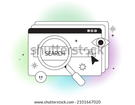 Web search engine page or web window isolated on white background. Browser with internet search bar field and results button. Finding information online or internet surfing concept.