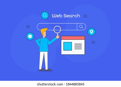 Web search, Search engine result page, Businessman searching on web, SEO technology - conceptual flat design vector illustration with character