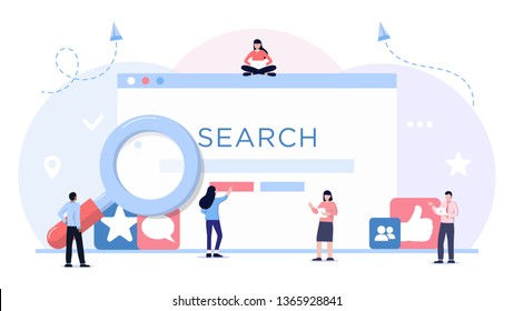 Web search. Flat design business people concept. Vector illustration for banner, presentation, advertising. young people using mobile smarthone and laptop for searching info in web browser.