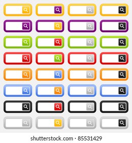 Web search forms and button with magnifier icon. Variations colored rounded rectangle on gray background