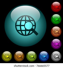 Web search icons in color illuminated spherical glass buttons on black background. Can be used to black or dark templates