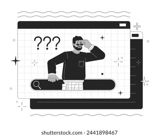 Web search issues 2D linear illustration concept. African american man looking out of text bar cartoon outline character isolated on white. Online user service metaphor monochrome vector art