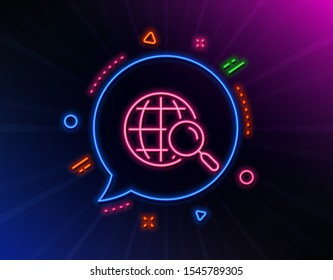 Web search line icon. Neon laser lights. Find internet results sign. Glow laser speech bubble. Neon lights chat bubble. Banner badge with web search icon. Vector